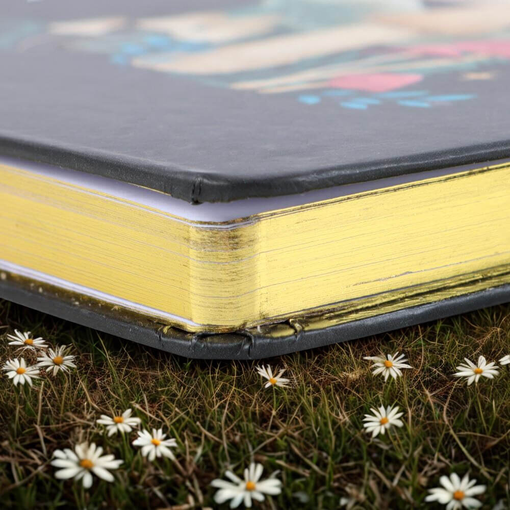 Close-up of a yellow book with black cover on grass with daisies