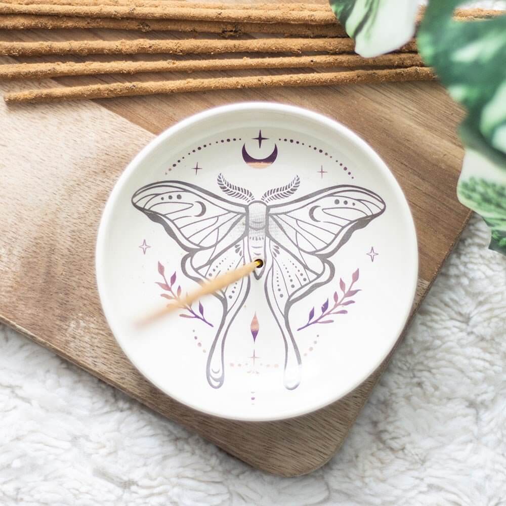 White ceramic plate with butterfly design on a wooden surface