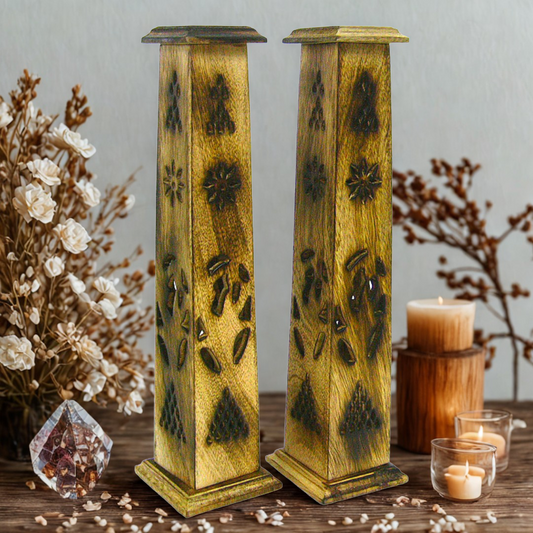 Tall Carved Wooden Square Incense Holder